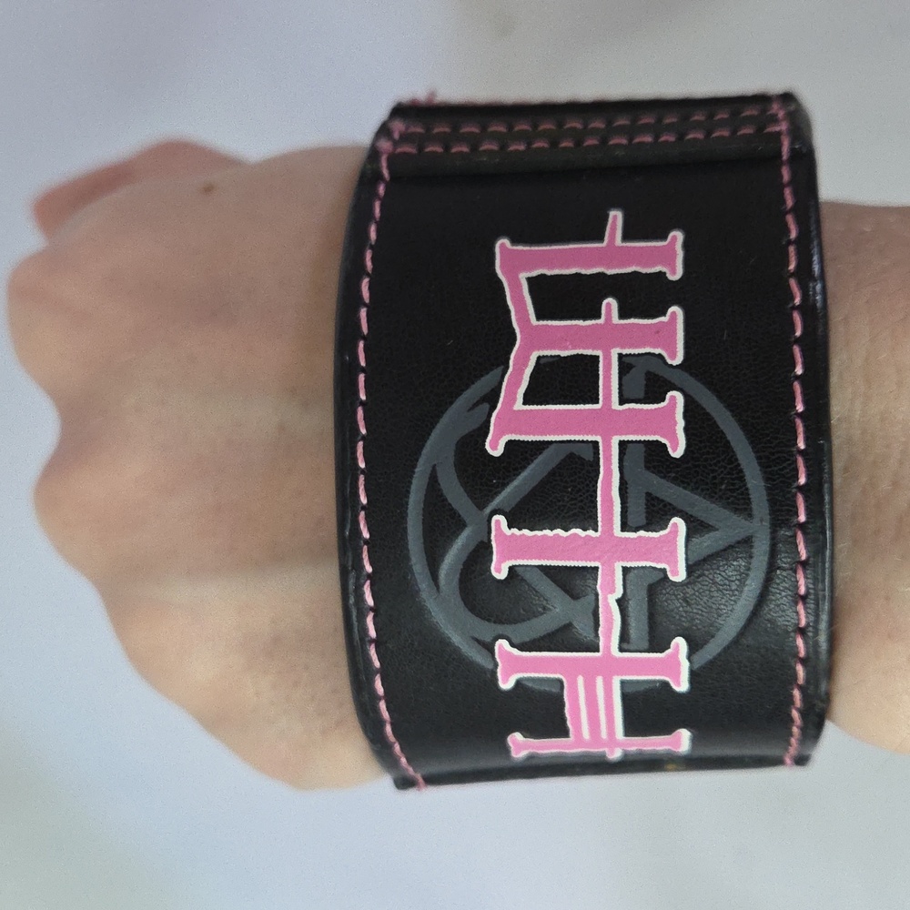 HIM Black and Pink Leather Cuff Bracelet 2005 Y2k Vintage Emo Alt Mallcore 9"